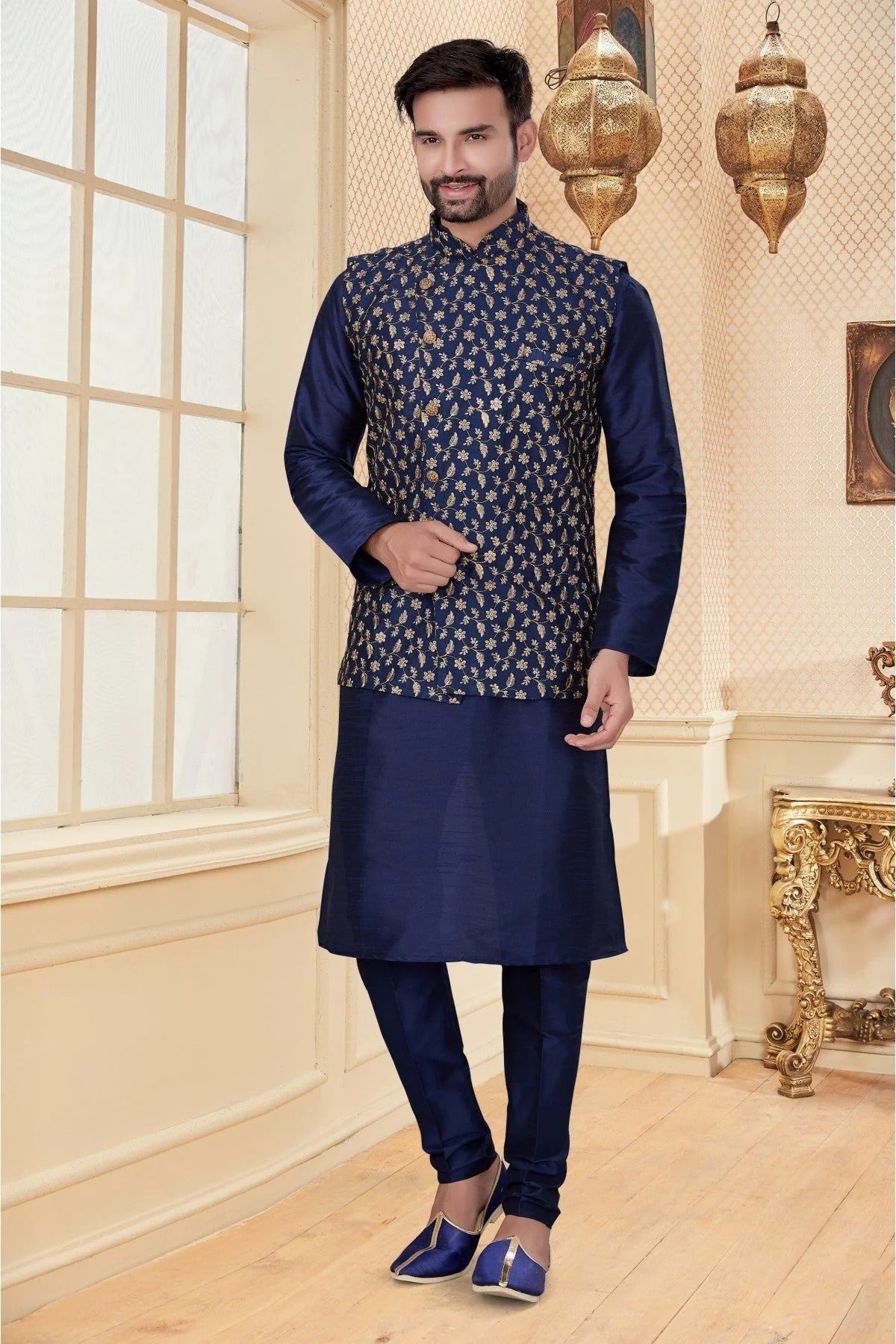 Navy Blue Colour Kurta Pajama With Jacket In Silk Dupion Fabric KP1040181