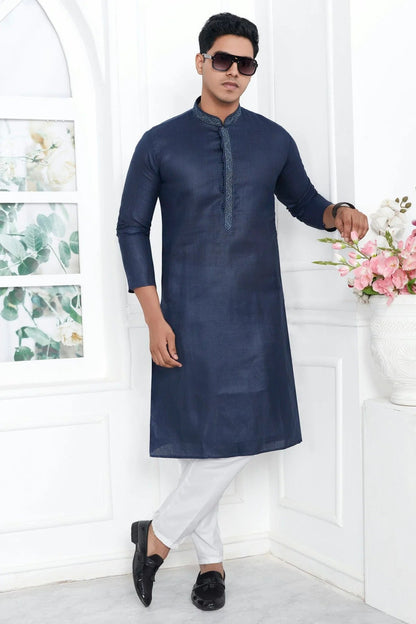 Navy Blue Colour Linen Cotton Thread Work Kurta Pajama KP1230139 A