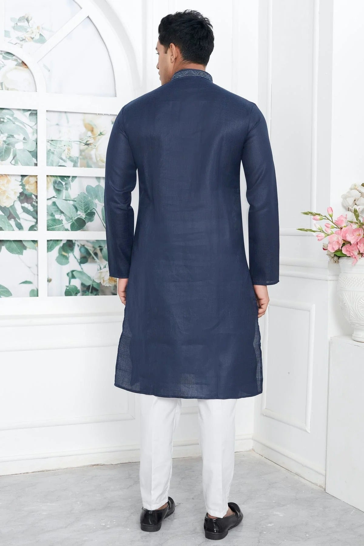 Navy Blue Colour Linen Cotton Thread Work Kurta Pajama KP1230139 B