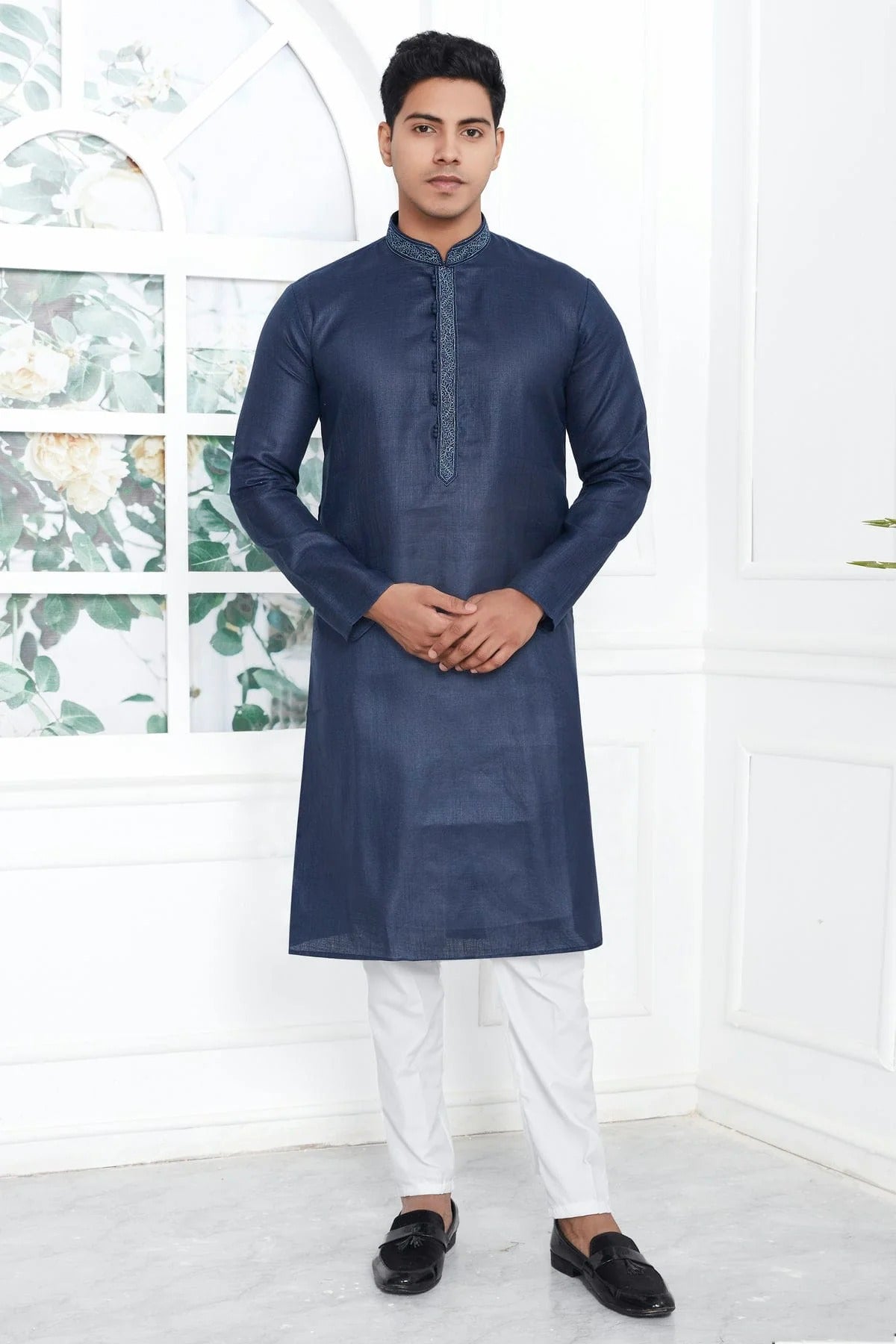Navy Blue Colour Linen Cotton Thread Work Kurta Pajama KP1230139