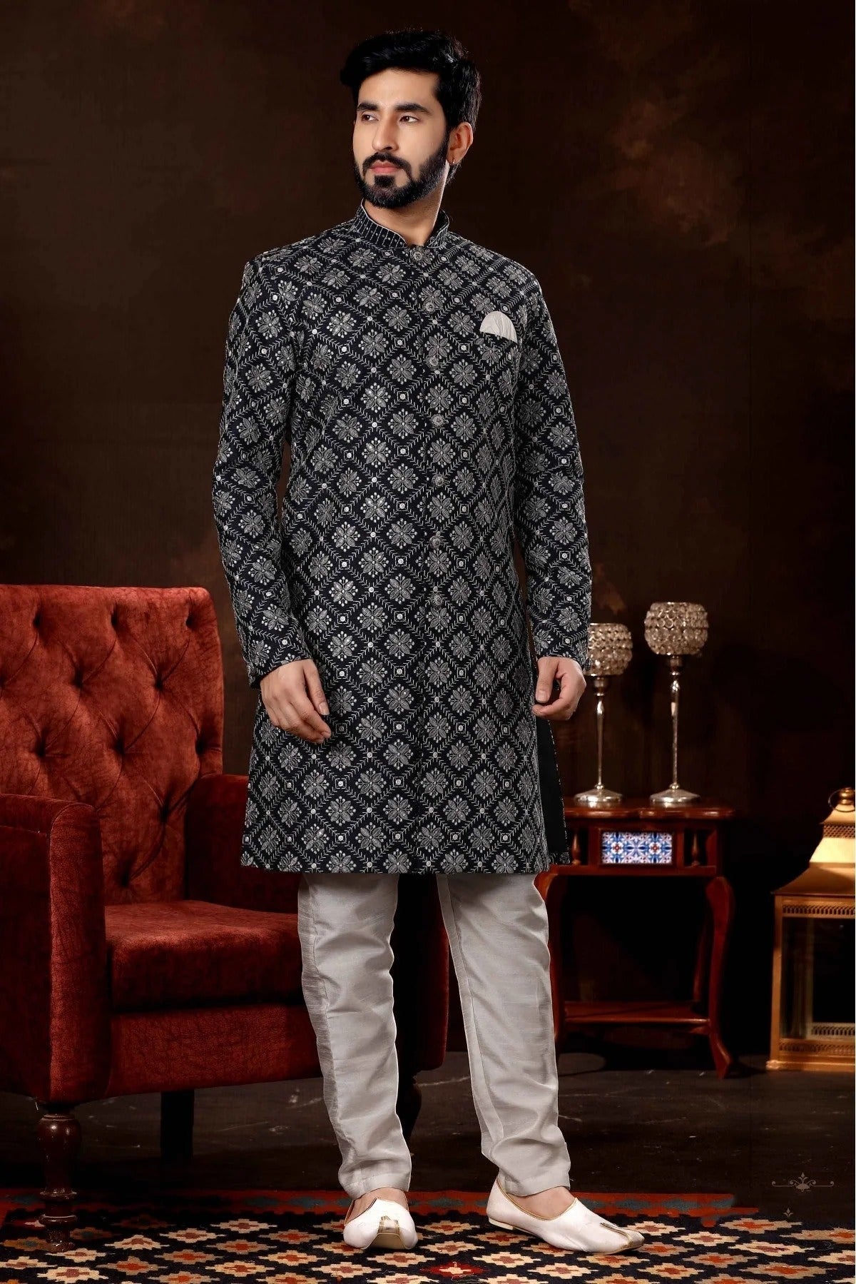 Navy Blue Colour Lucknowi Sherwani SH1040372