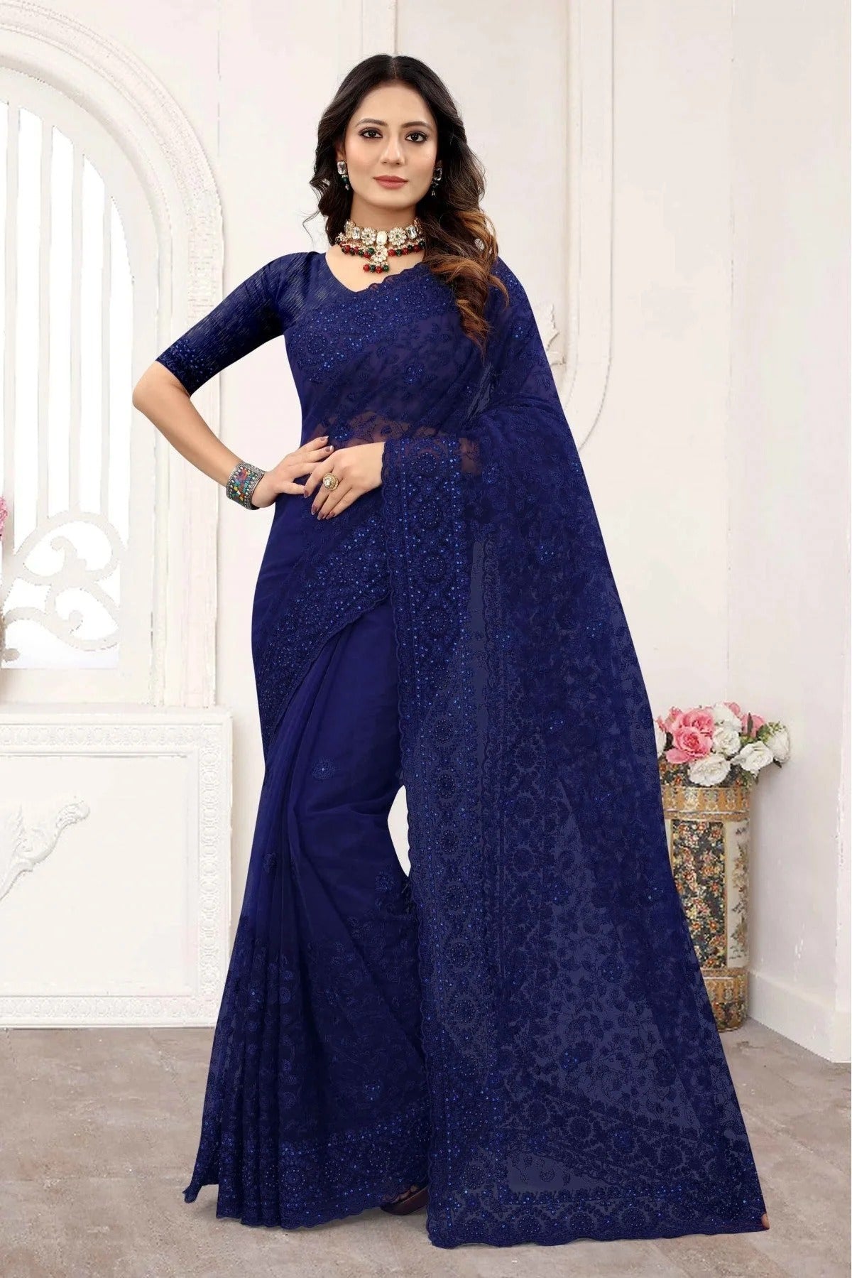 Navy Blue Colour Net Designer Saree SD1090240