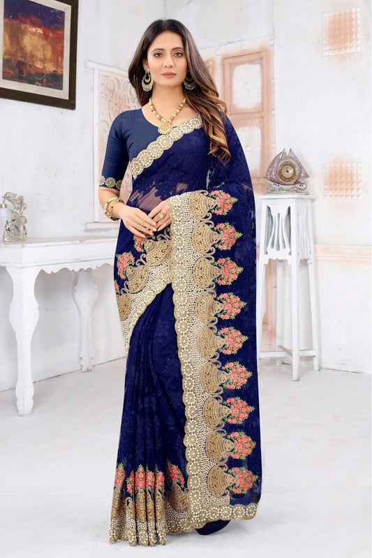 Navy Blue Colour Net Embroidery Saree SD1090220