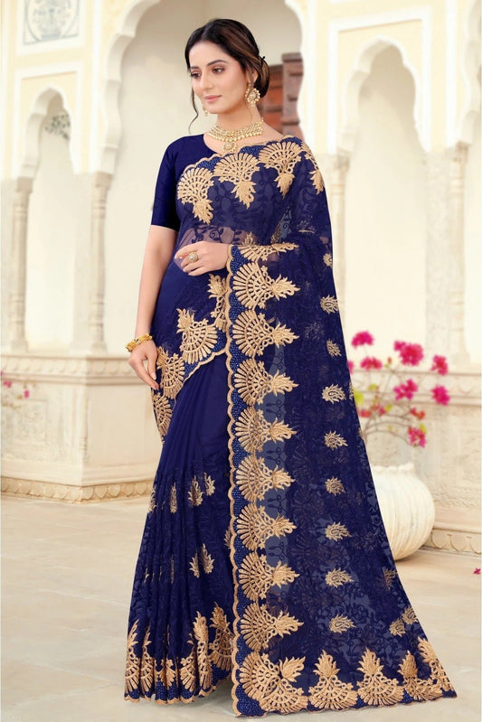 Navy Blue Colour Net Embroidery Saree SD1090443