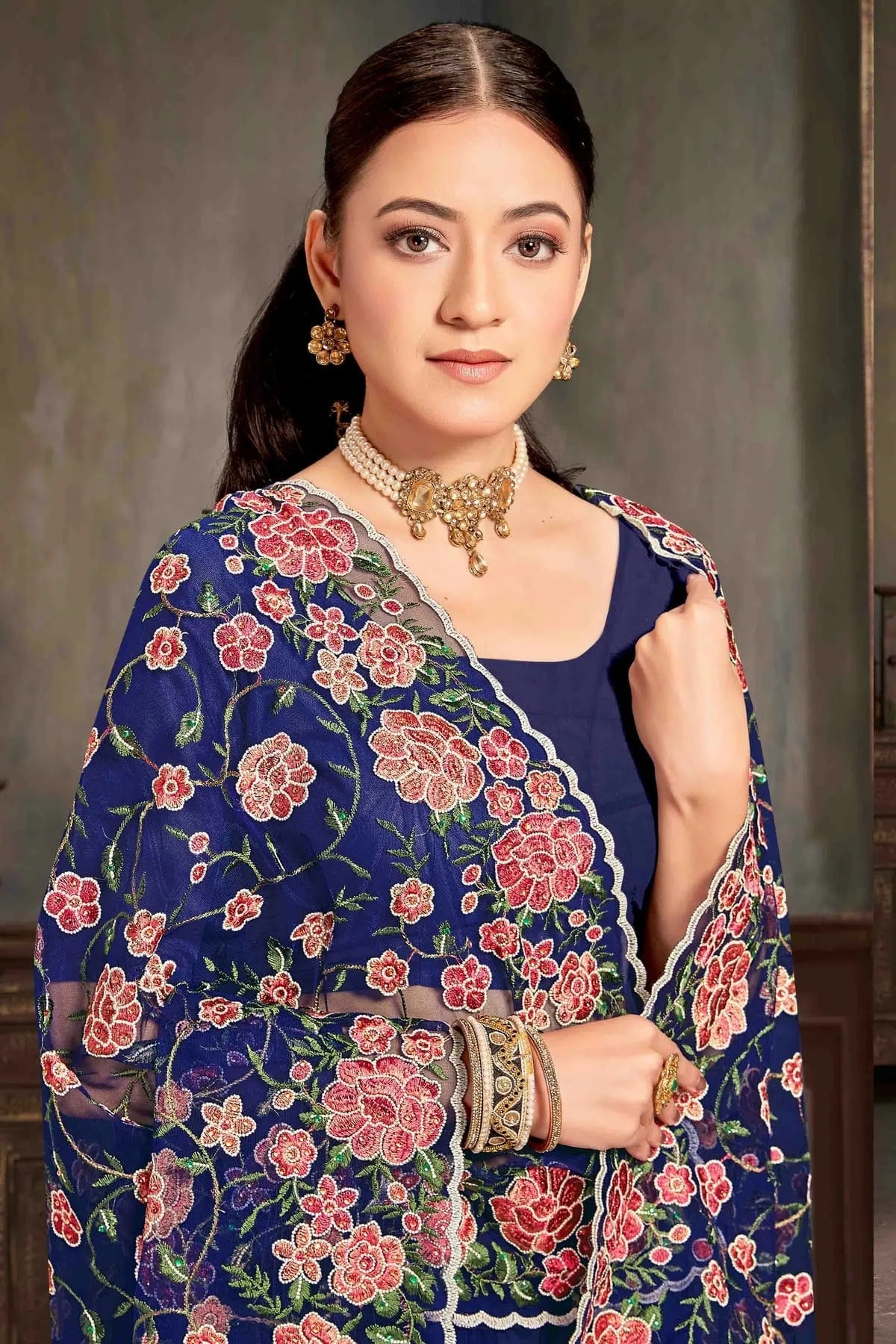 Navy Blue Colour Net Embroidery Work Designer Saree SD1091233 A