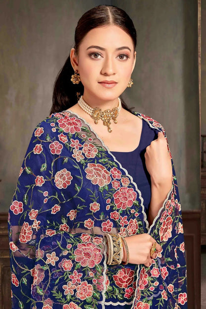 Navy Blue Colour Net Embroidery Work Designer Saree SD1091233 A