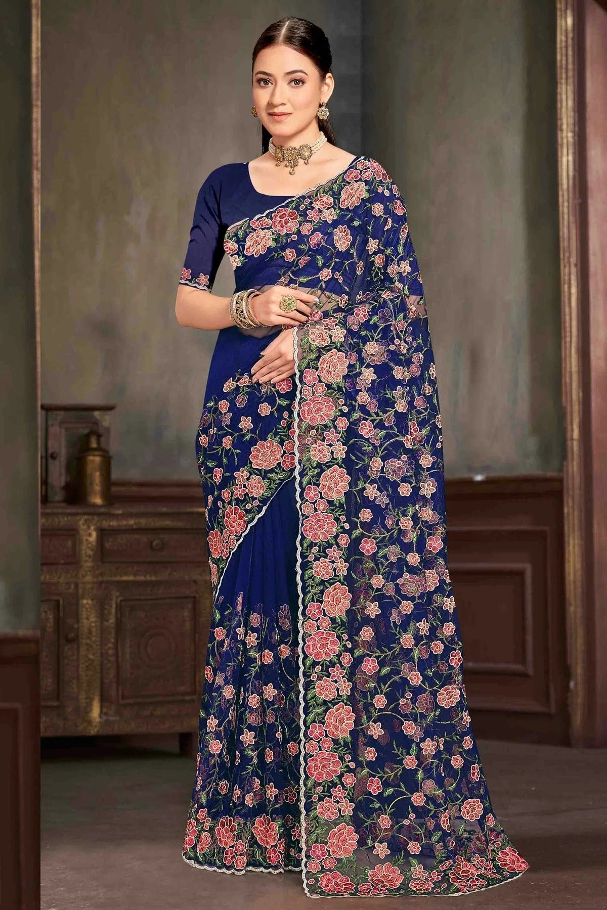 Navy Blue Colour Net Embroidery Work Designer Saree SD1091233