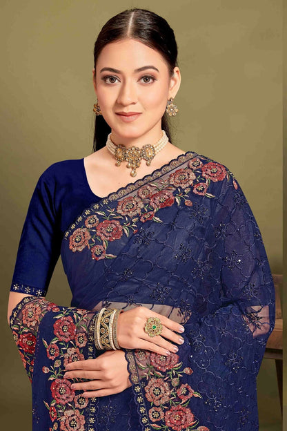 Navy Blue Colour Net Embroidery Work Designer Saree SD1091238 A