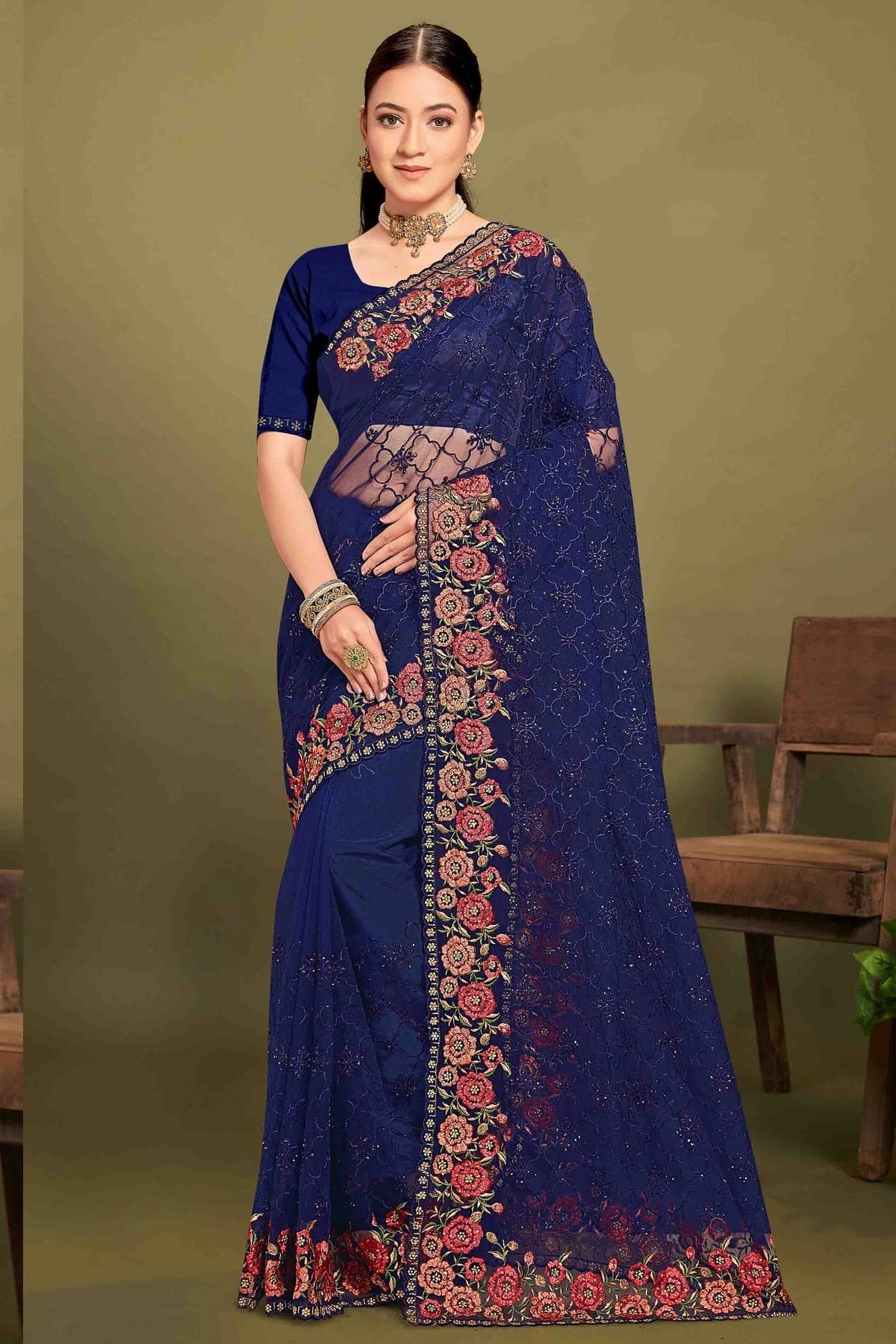 Navy Blue Colour Net Embroidery Work Designer Saree SD1091238