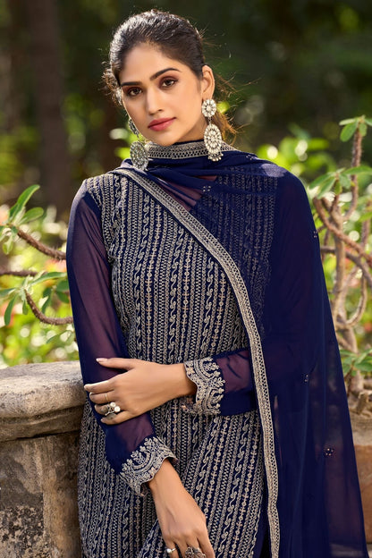 Navy Blue Colour Pant Style Suit Glory Silk Semi Stitched SM1050516 A