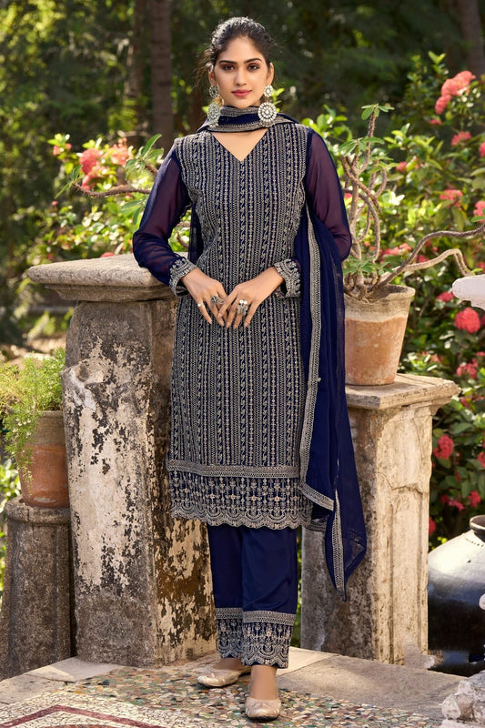 Navy Blue Colour Pant Style Suit Glory Silk Semi Stitched SM1050516