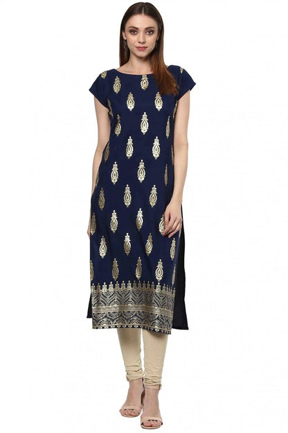 Navy Blue Colour Plus Size Crepe Straight Kurti KR1060198