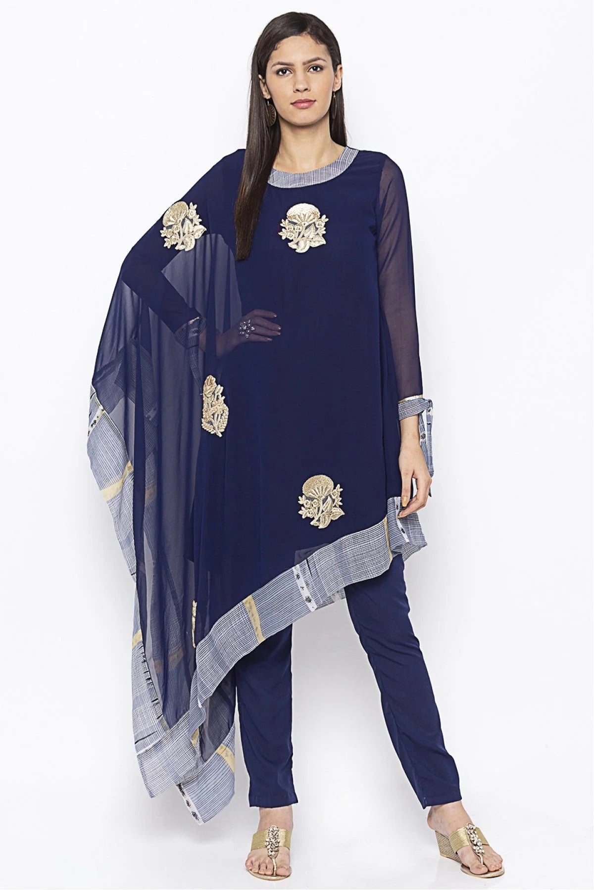 Navy Blue Colour Plus Size Georgette Embroidery Kurta Set KR1070666