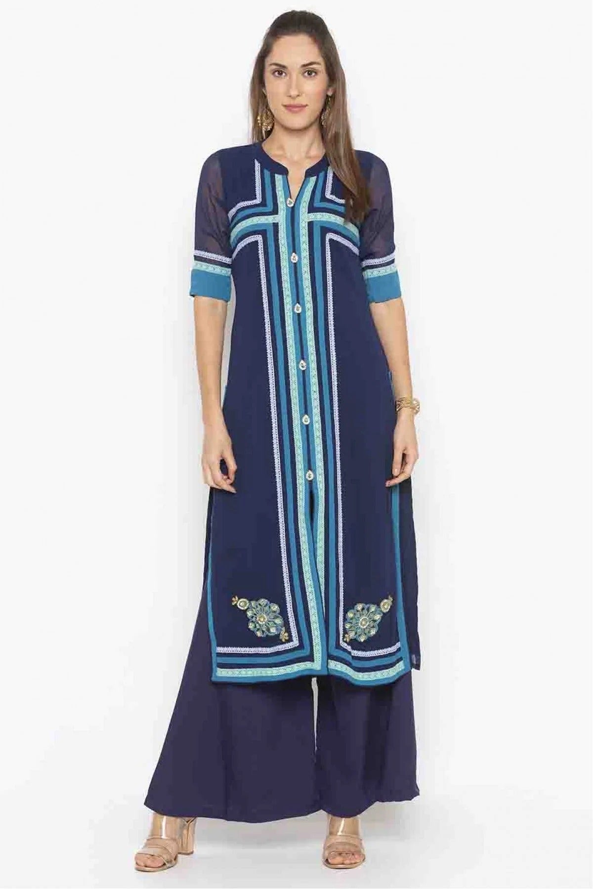 Navy Blue Colour Plus Size Georgette Embroidery Kurti KR1070382