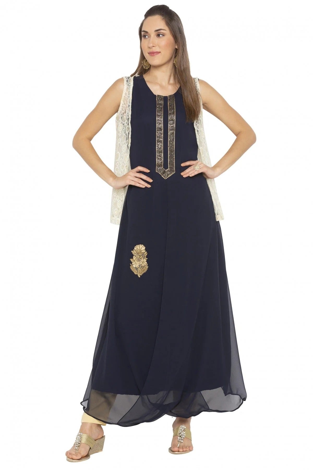 Navy Blue Colour Plus Size Georgette Embroidery Kurti KR1070388