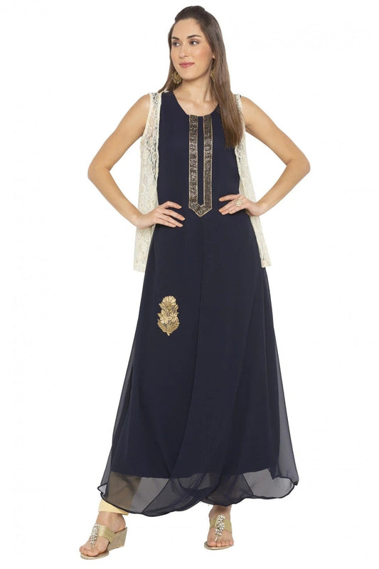Navy Blue Colour Plus Size Georgette Embroidery Kurti KR1070388