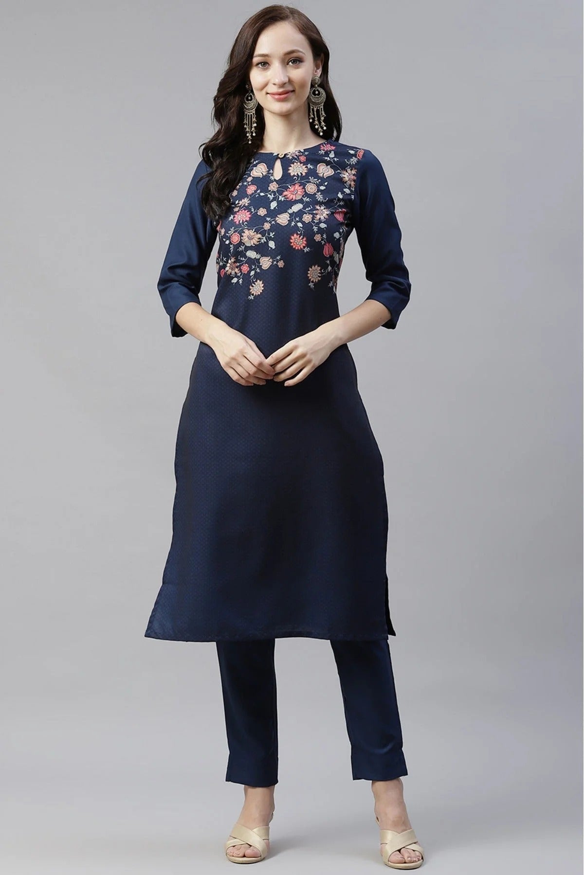 Navy Blue Colour Plus Size Poly Rayon Digital Print Kurti With Pant Set KR1060092