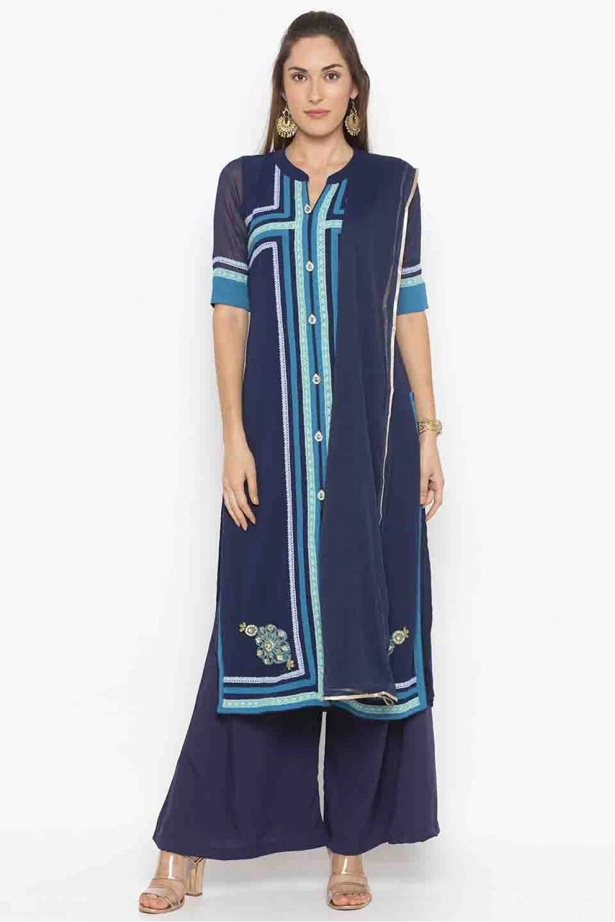 Navy Blue Colour Plus Size Stitched Georgette Embroidery Palazzo Pant Suit BW1070225