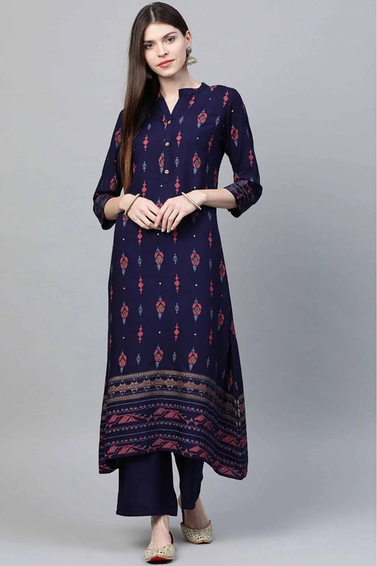 Navy Blue Colour Rayon Foil Print Kurta With Palazzo KR1060030 A
