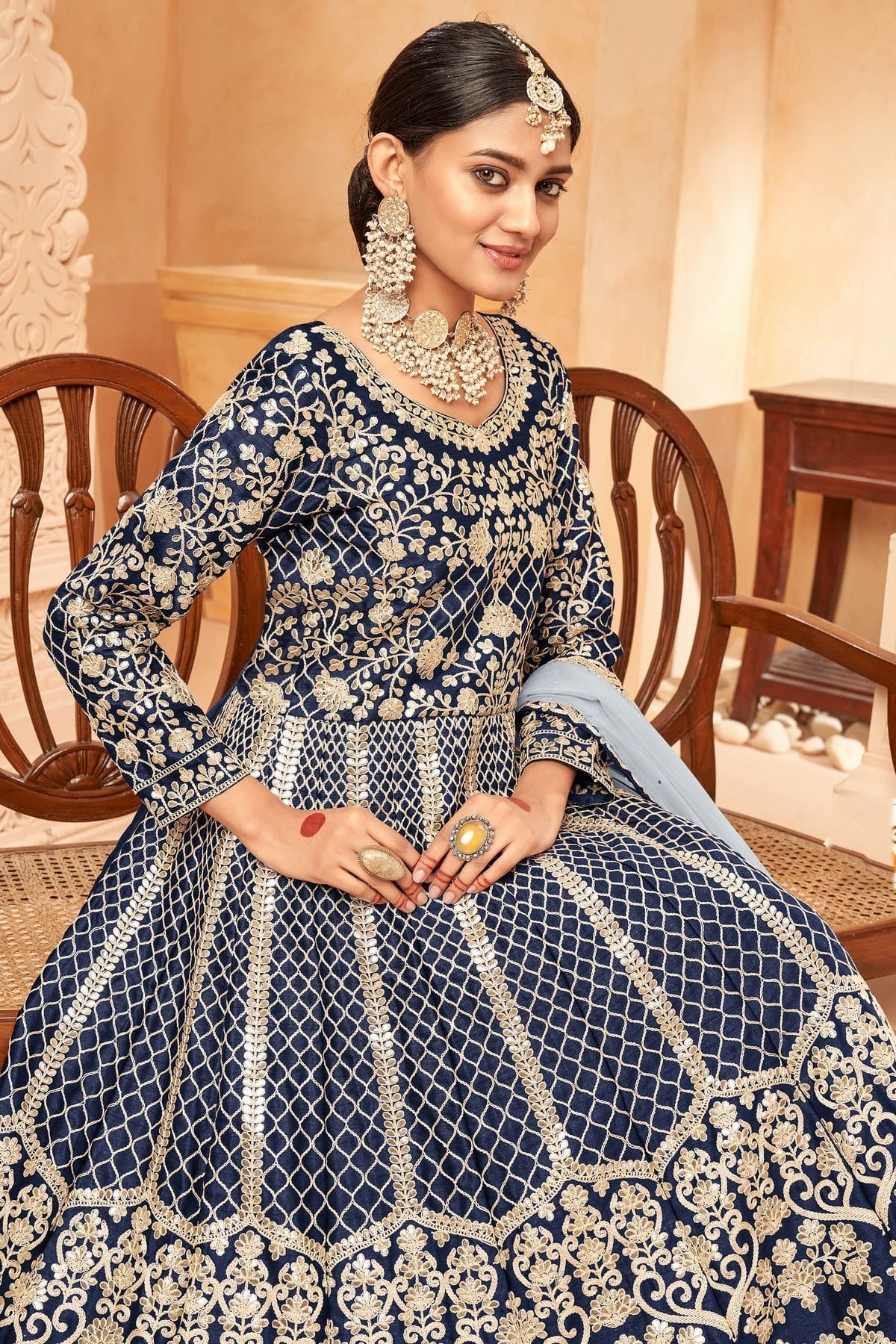 Navy Blue Colour Semi Stitched Art Silk Anarkali Suit SM1050407 A