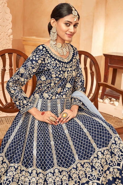 Navy Blue Colour Semi Stitched Art Silk Anarkali Suit SM1050407 A