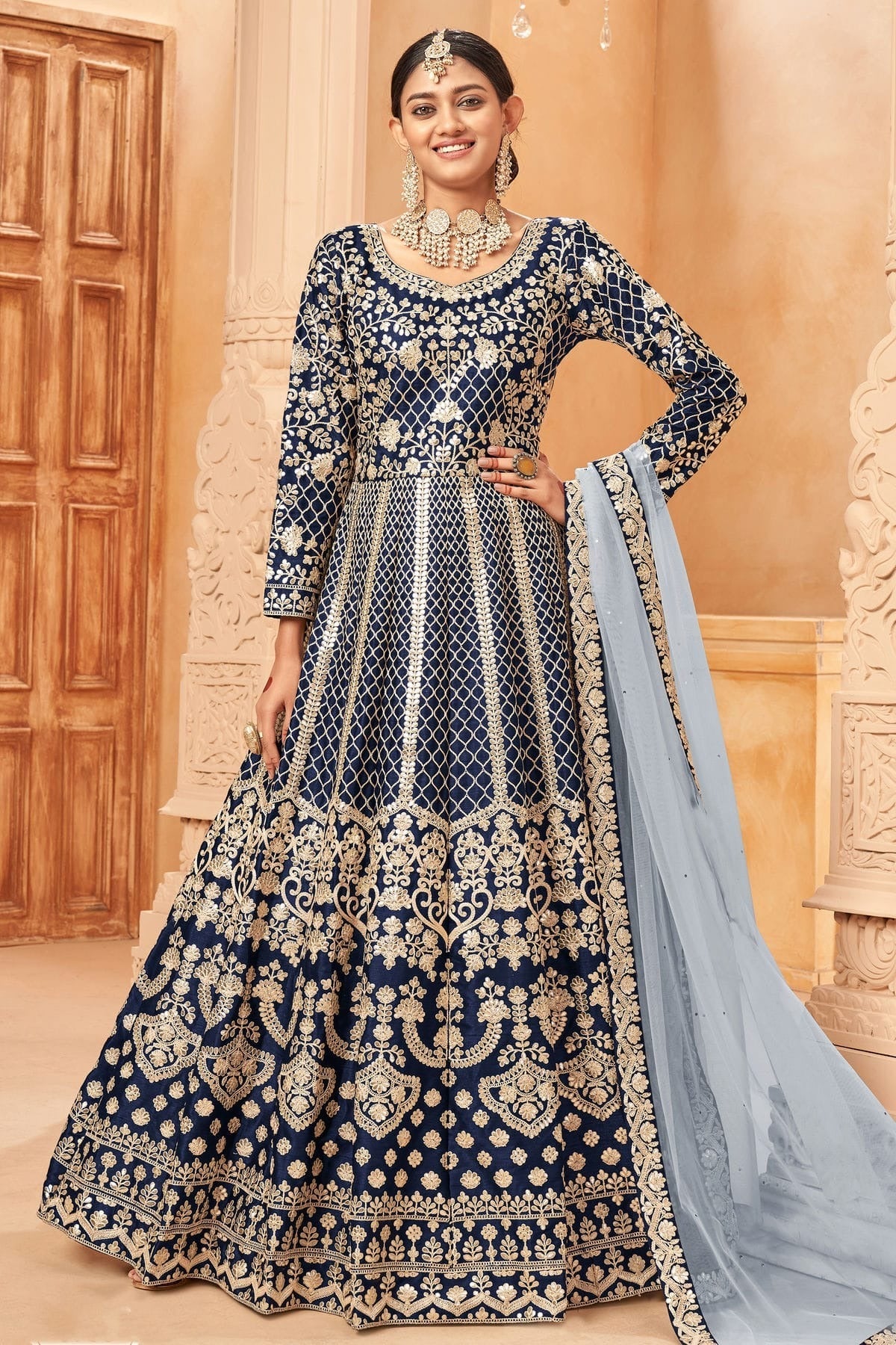 Navy Blue Colour Semi Stitched Art Silk Anarkali Suit SM1050407
