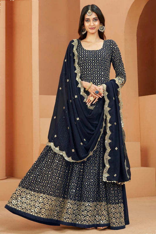 Navy Blue Colour Semi Stitched Faux Georgette Anarkali Suit SM1050411