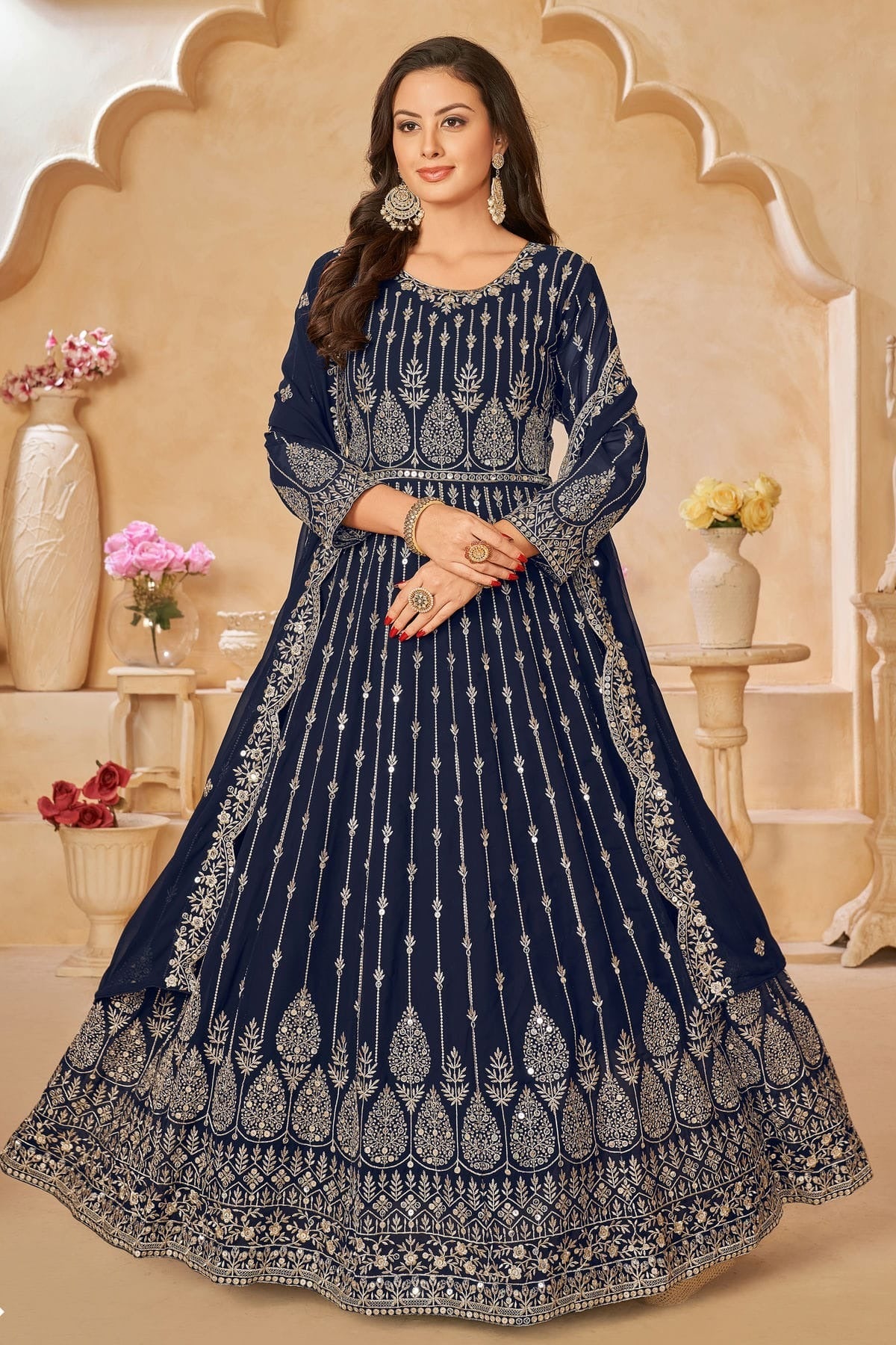 Navy Blue Colour Semi Stitched Faux Georgette Anarkali Suit SM1050426
