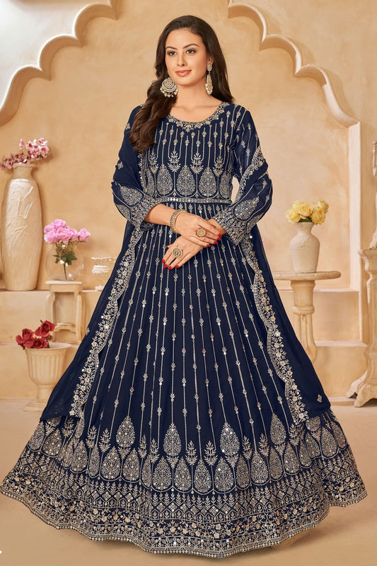 Navy Blue Colour Semi Stitched Faux Georgette Anarkali Suit SM1050426