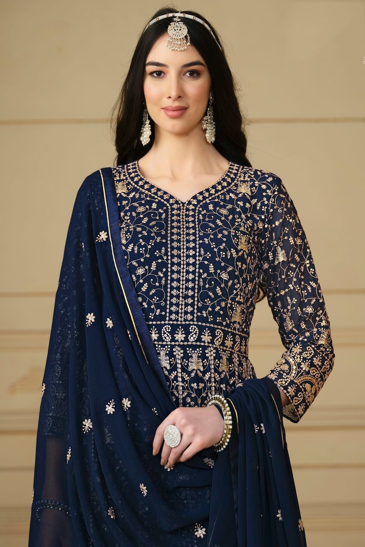 Navy Blue Colour Semi Stitched Faux Georgette Anarkali Suit SM1050479 A