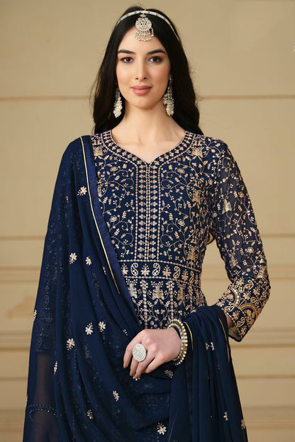 Navy Blue Colour Semi Stitched Faux Georgette Anarkali Suit SM1050479 A