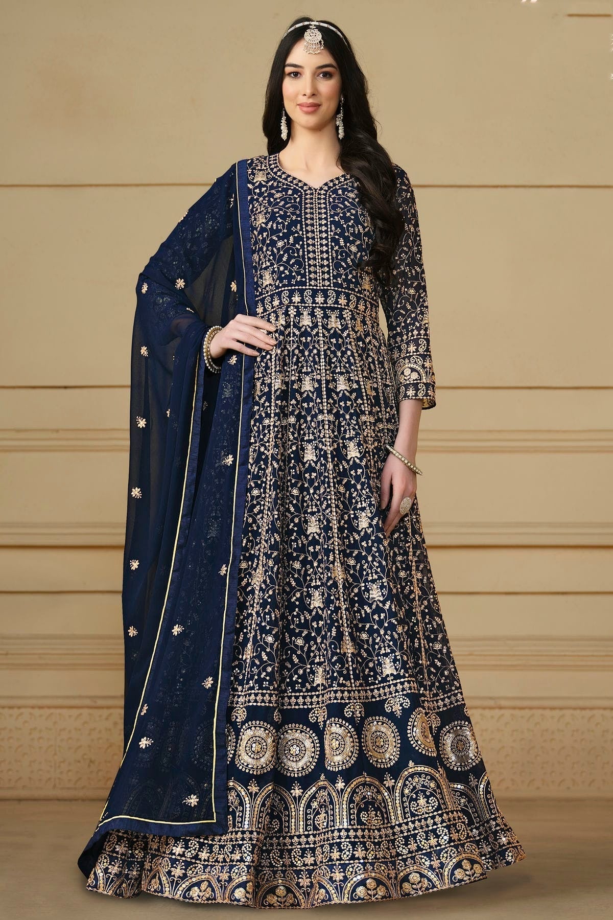 Navy Blue Colour Semi Stitched Faux Georgette Anarkali Suit SM1050479