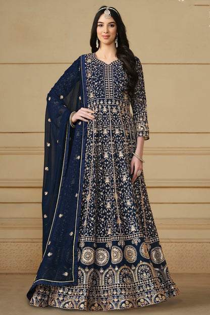 Navy Blue Colour Semi Stitched Faux Georgette Anarkali Suit SM1050479