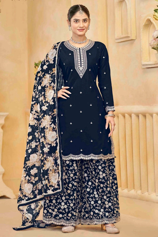 Navy Blue Colour Semi Stitched Roman Silk Palazzo Pant Suit SM1050745