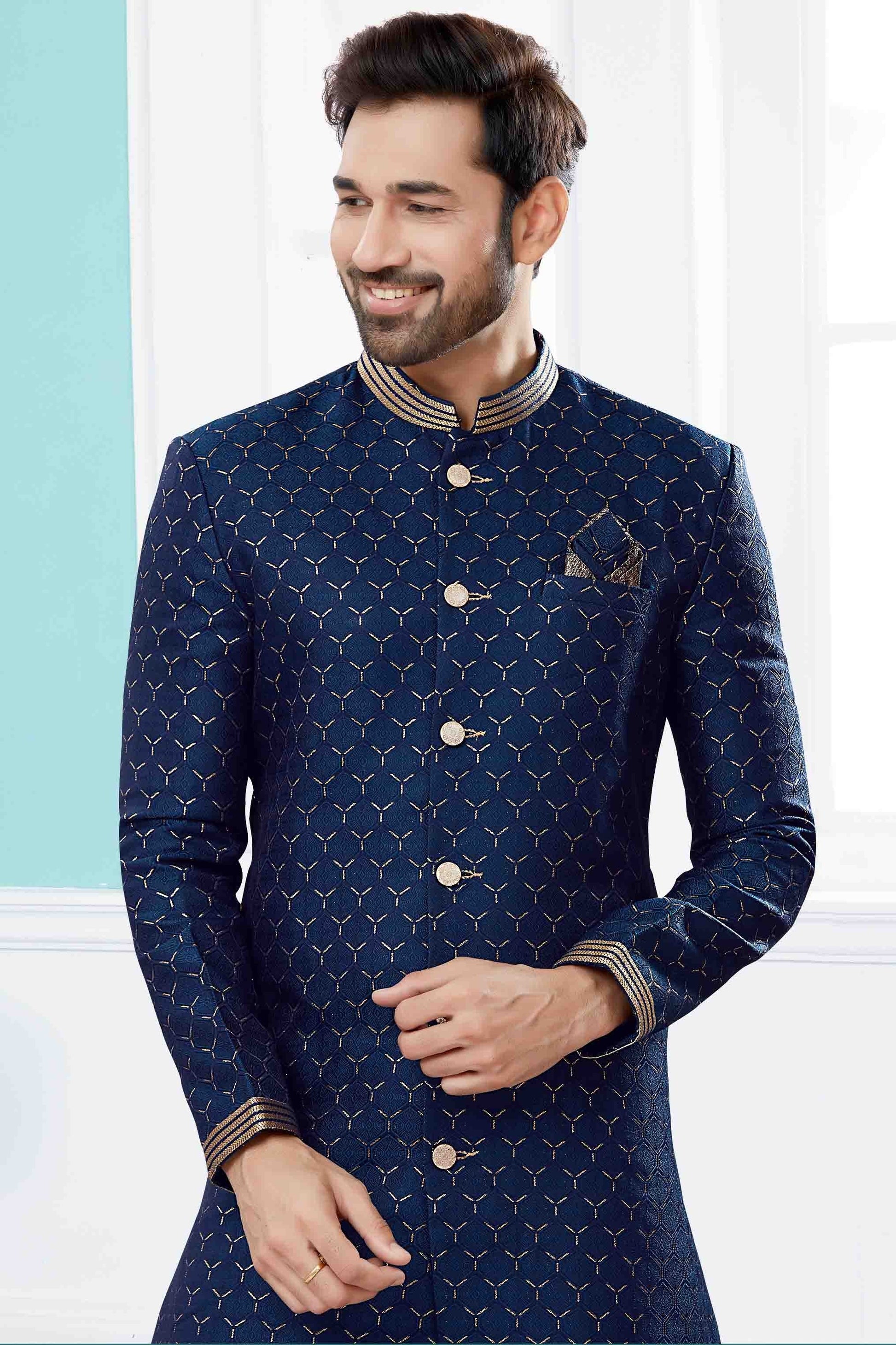 Navy Blue Colour Sherwani In Jacquard Fabric SH1040412 A