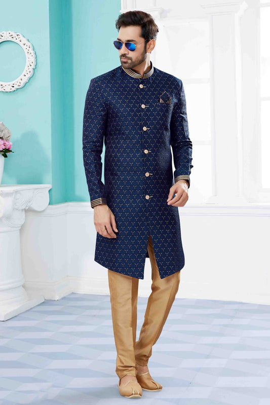 Navy Blue Colour Sherwani In Jacquard Fabric SH1040412