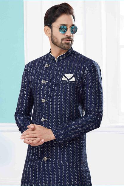 Navy Blue Colour Sherwani In Jacquard Fabric SH1040420 A