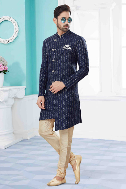 Navy Blue Colour Sherwani In Jacquard Fabric SH1040420