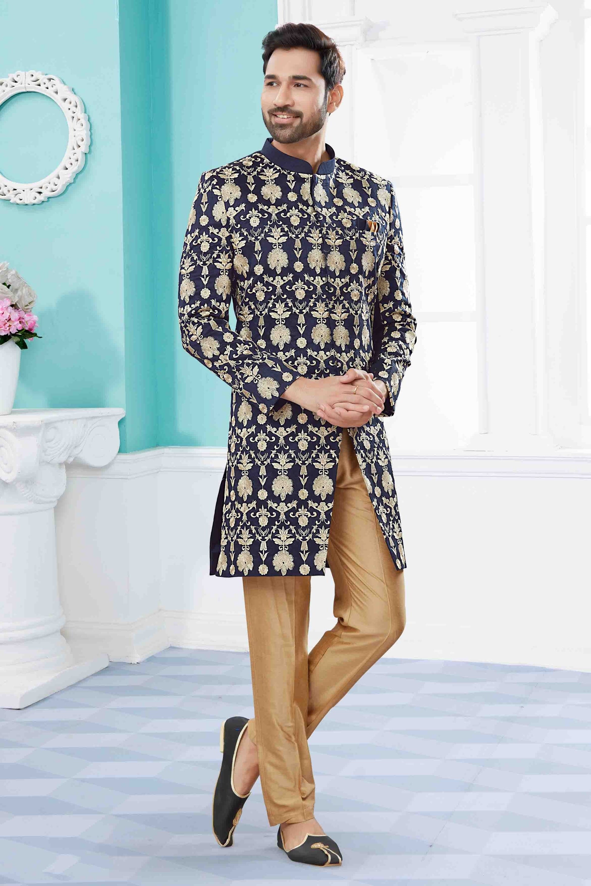 Navy Blue Colour Sherwani In Velvet Fabric SH1040416