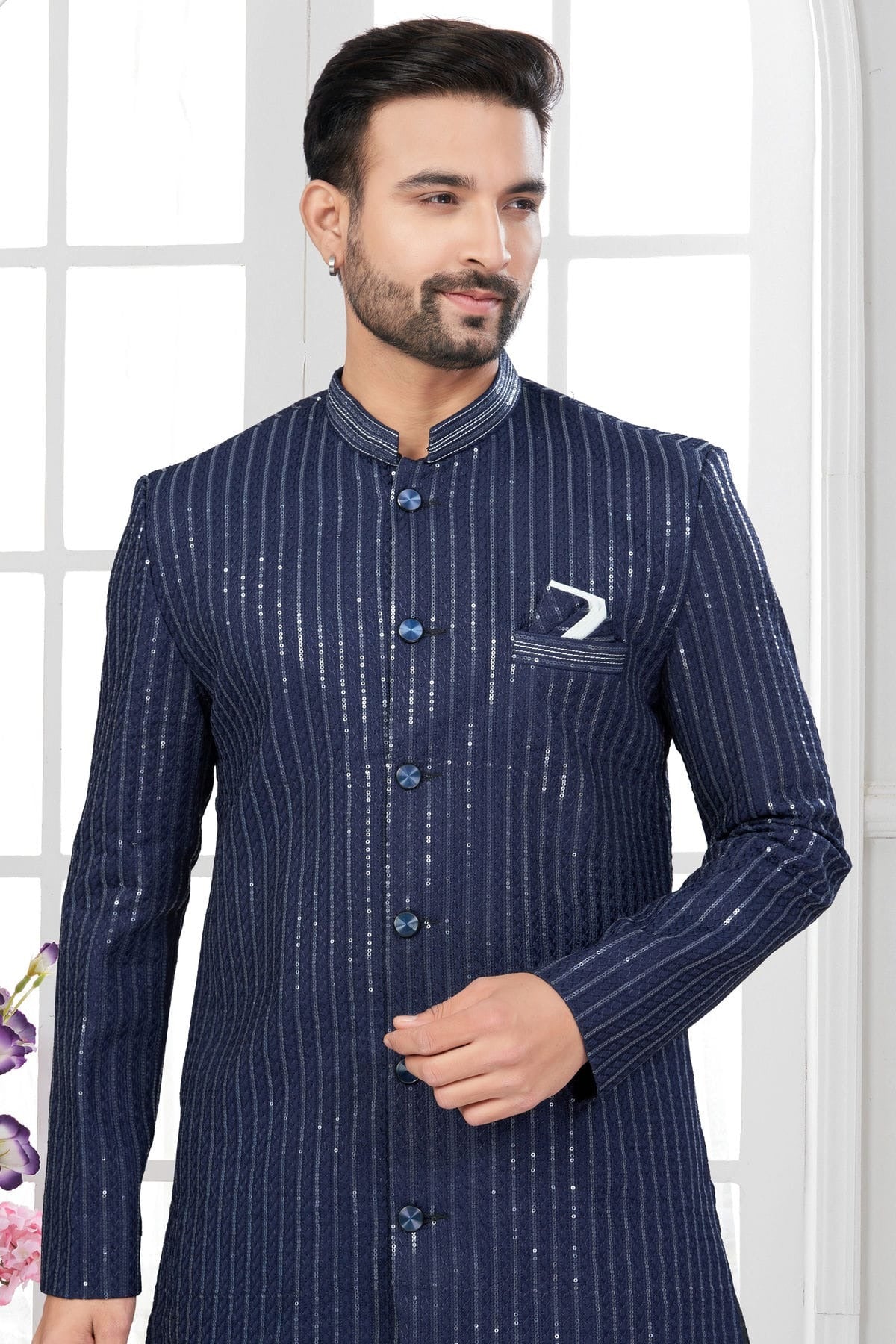 Navy Blue Colour Silk Dupion Dhoti Sherwani SH1040632 A