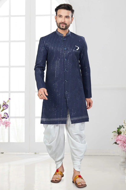 Navy Blue Colour Silk Dupion Dhoti Sherwani SH1040632