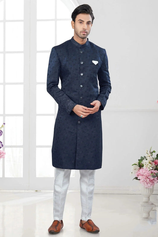 Navy Blue Colour Silk Dupion Sherwani SH1040625