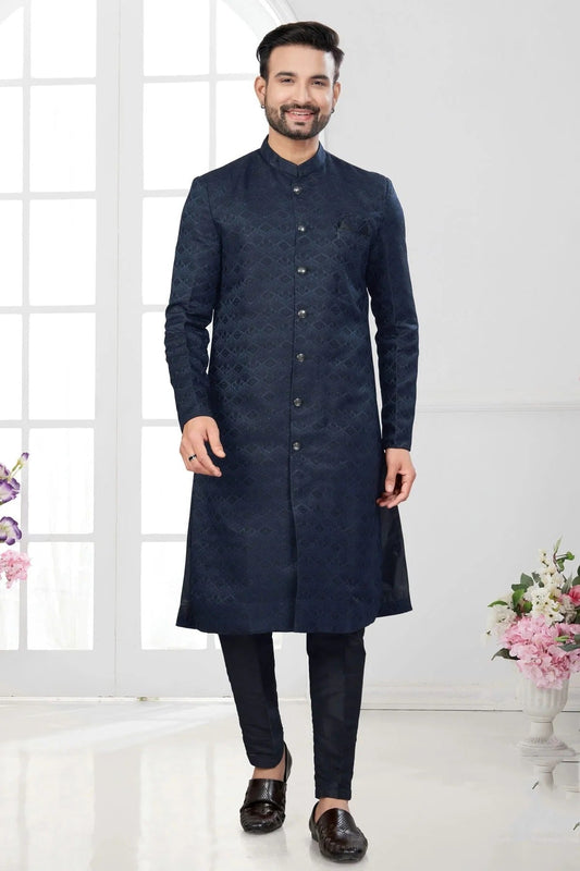 Navy Blue Colour Silk Dupion Sherwani SH1040627