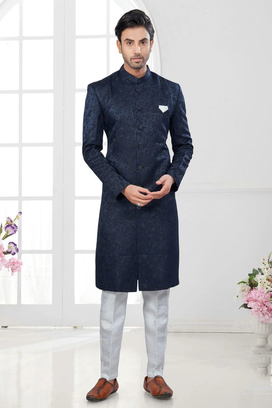 Navy Blue Colour Silk Dupion Sherwani SH1040637