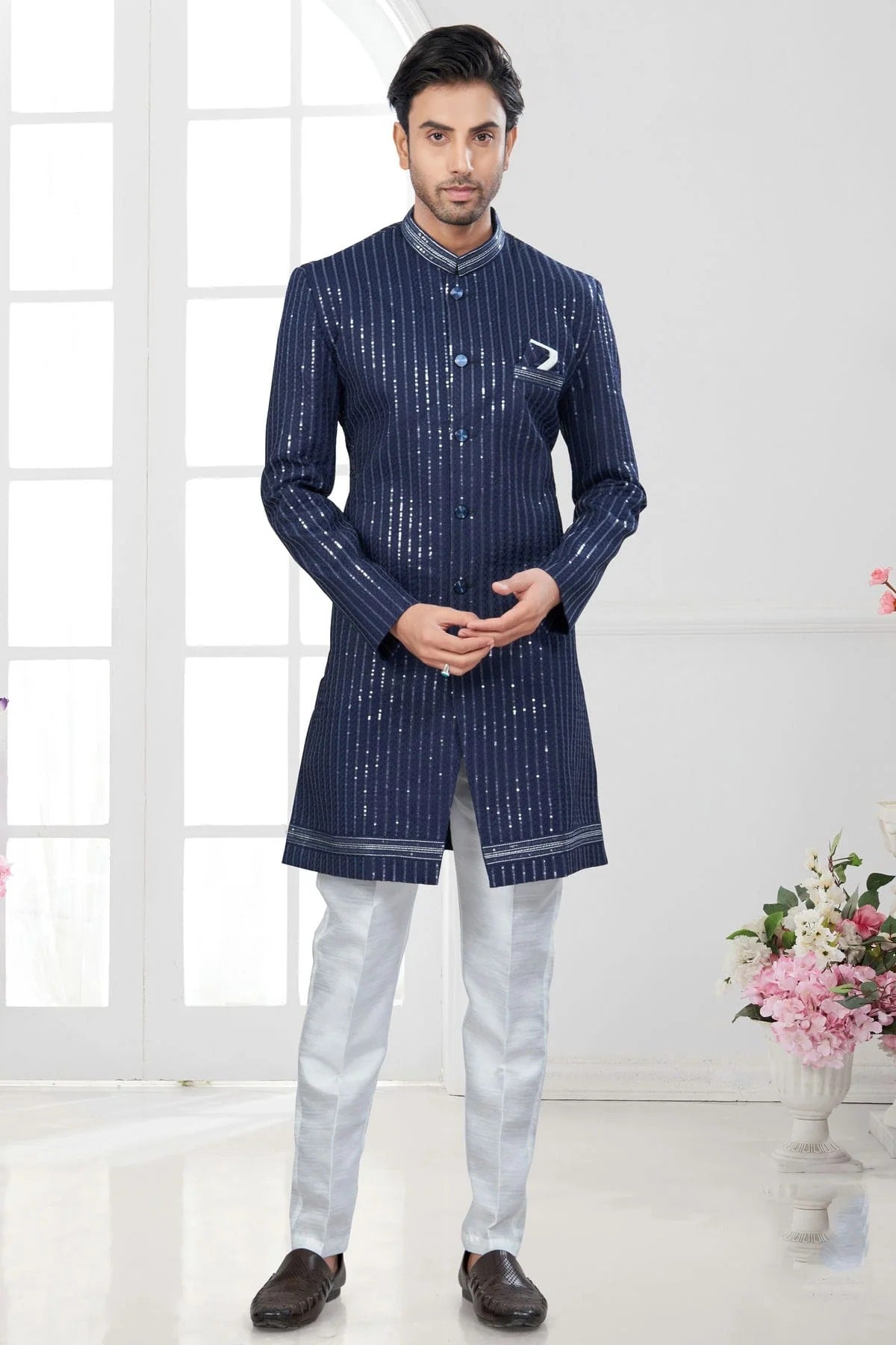Navy Blue Colour Silk Dupion Sherwani SH1040643