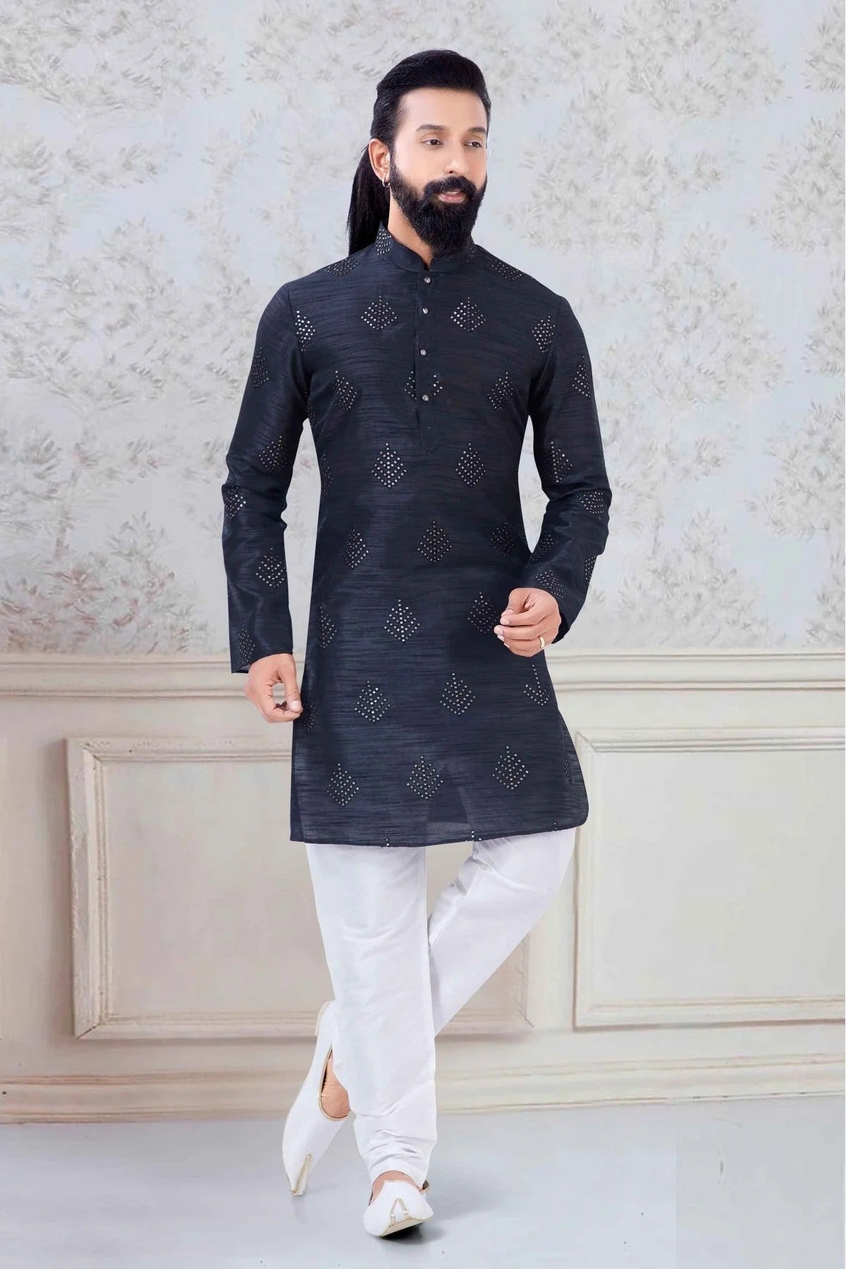 Navy Blue Colour Silk Festival Wear Kurta Pajama KP1130043