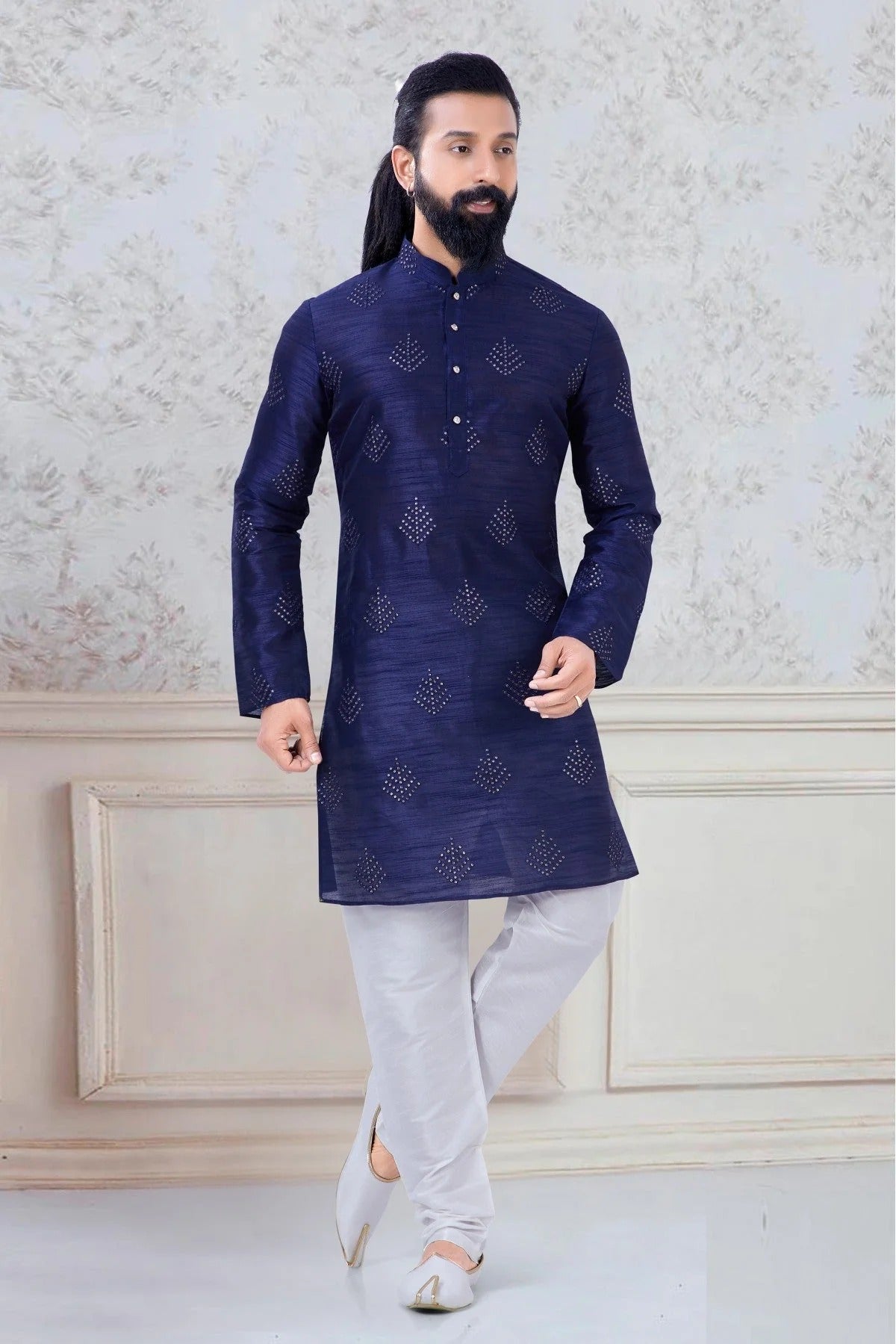 Navy Blue Colour Silk Festival Wear Kurta Pajama KP1130049