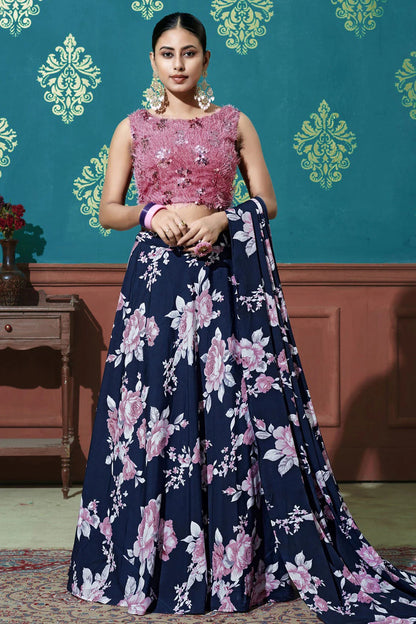 Navy Blue Colour Silk Printed Lehenga Choli LC1150074 A