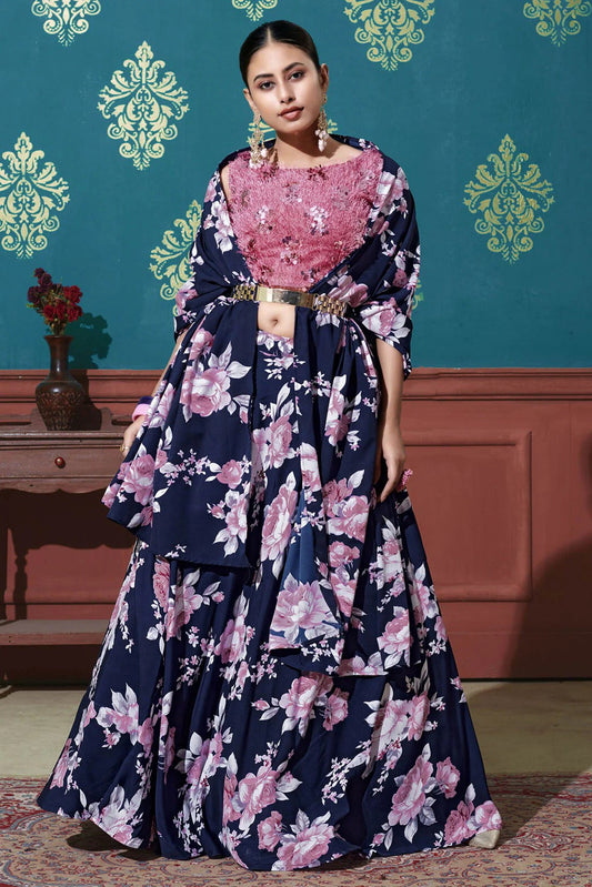 Navy Blue Colour Silk Printed Lehenga Choli LC1150074