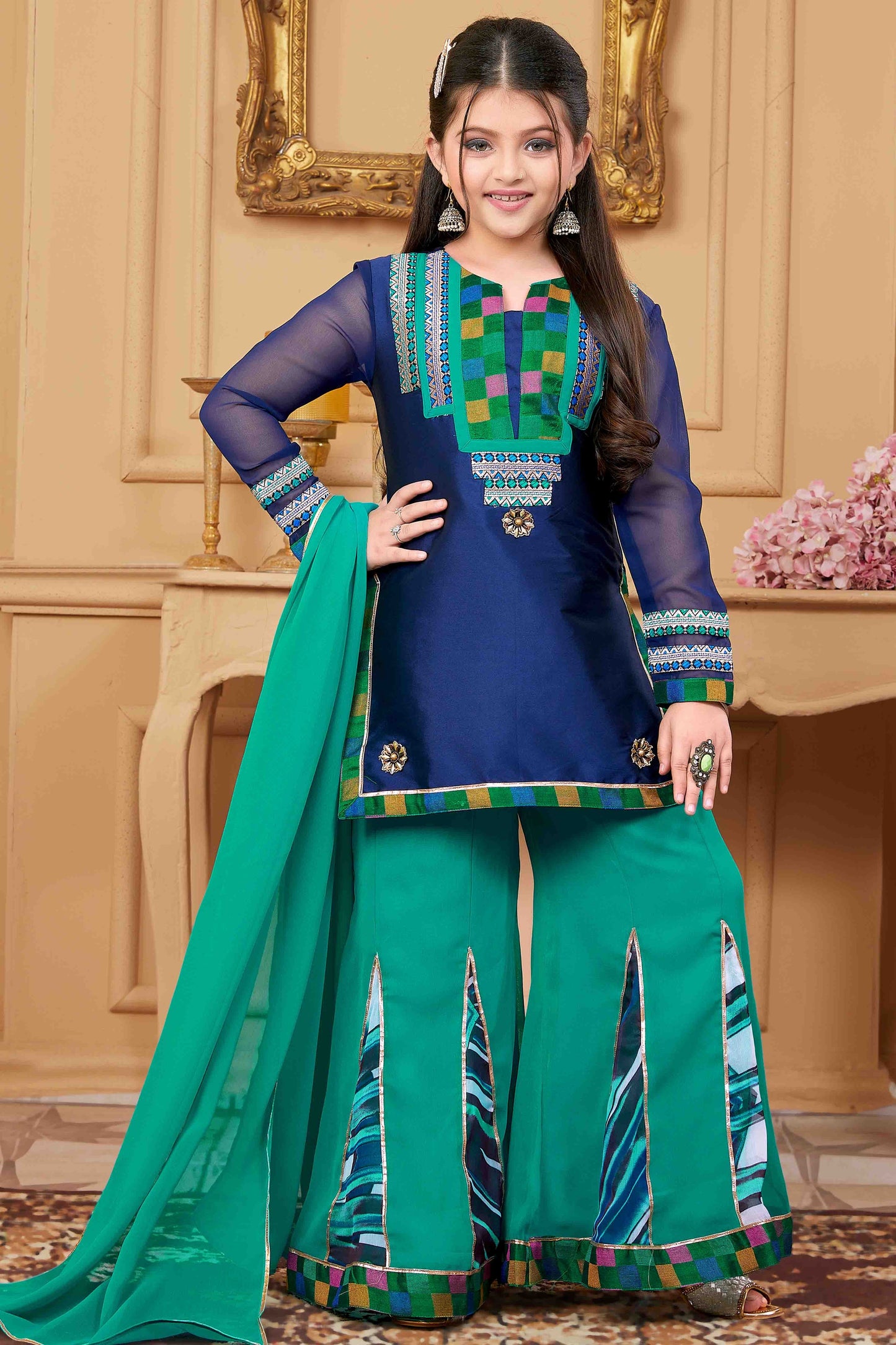 Navy Blue Colour Taffeta Palazzo Pant Suit GW1070777